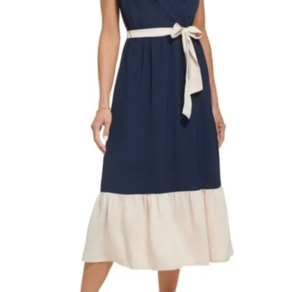DKNY Navy and Cream Belted Midi Dress Size 14 New Nwt